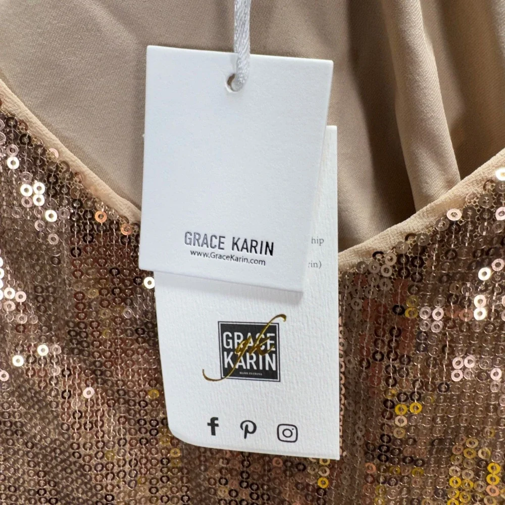 Grace Karin Womens Sequin Camisole V-Neck Spaghetti‎ Strap Party Top Rose Gold L